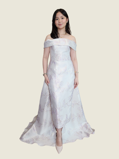 Ella Chua Off Shoulder Mini Dress with Detachable Train