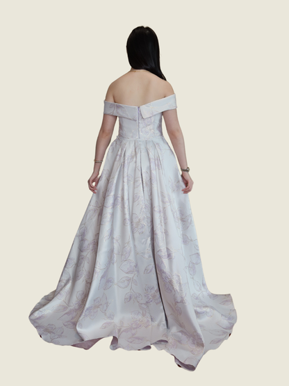 Ella Chua Off Shoulder Mini Dress with Detachable Train