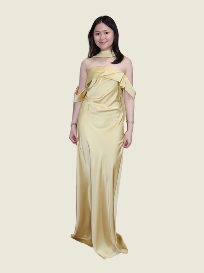 Fabrique Co Satin off shoulder gown with scarf