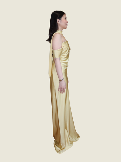 Fabrique Co Satin off shoulder gown with scarf
