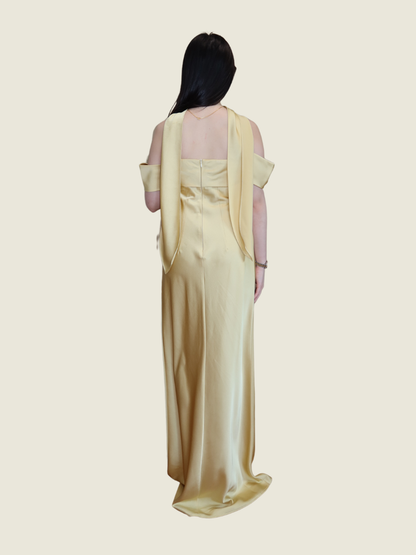 Fabrique Co Satin off shoulder gown with scarf