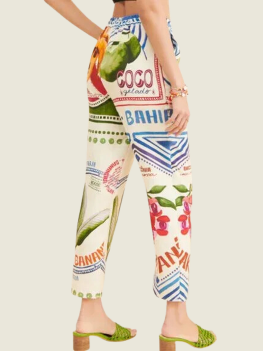 Farm Rio Our Stamps Linen Straight-Leg Pants