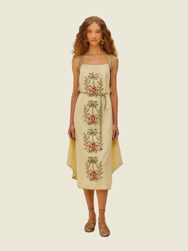 Farm Rio Tropical Flower Embroidered Sand Maxi Dress