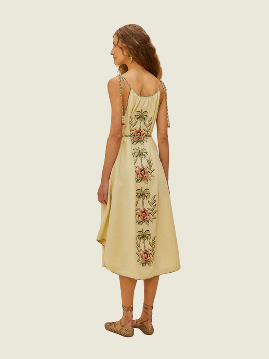 Farm Rio Tropical Flower Embroidered Sand Maxi Dress