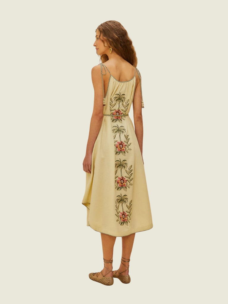 Farm Rio Tropical Flower Embroidered Sand Maxi Dress