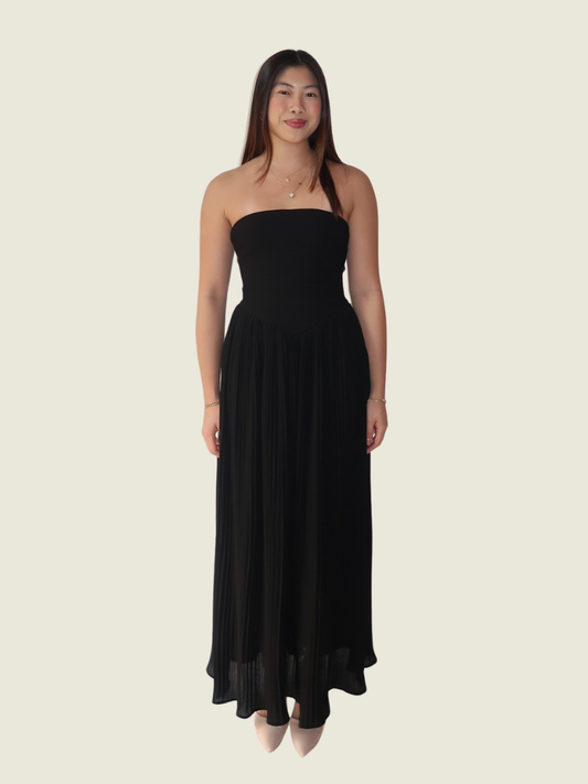 Francis Libiran Black Pleated Tube Maxi