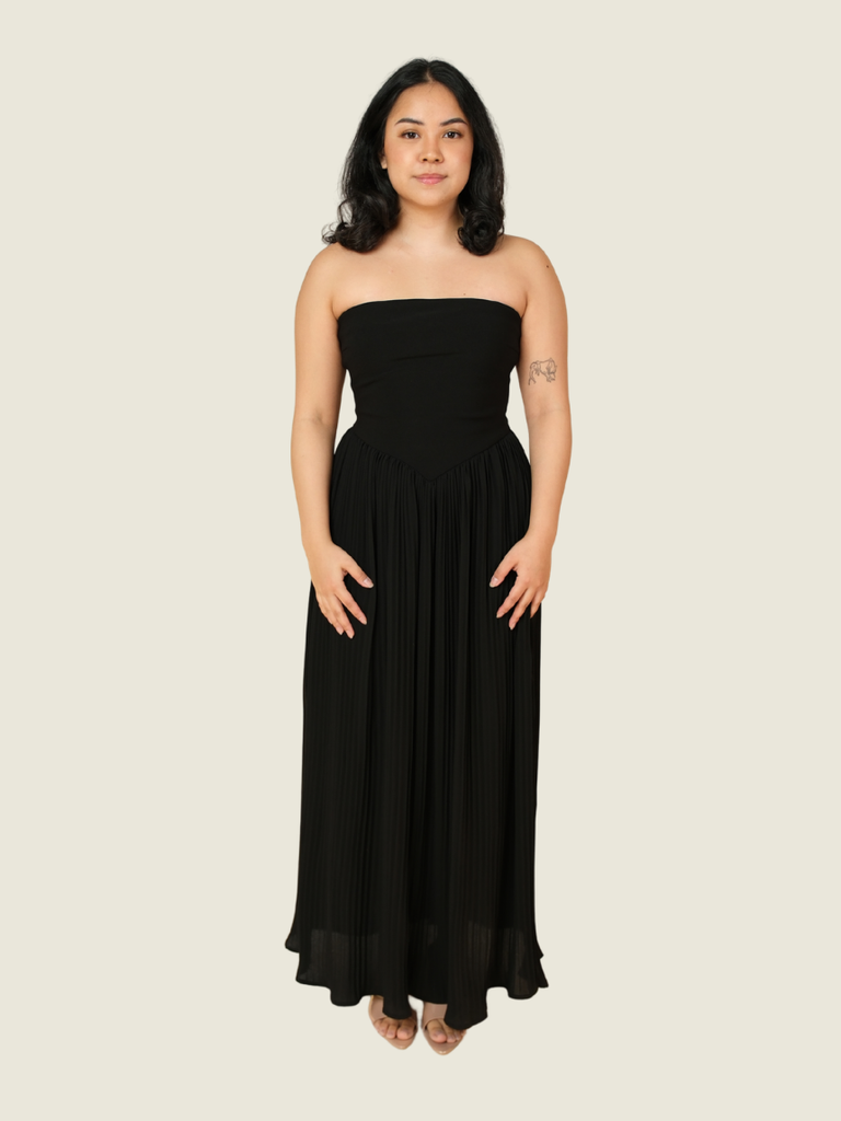Francis Libiran Black Pleated Tube Maxi