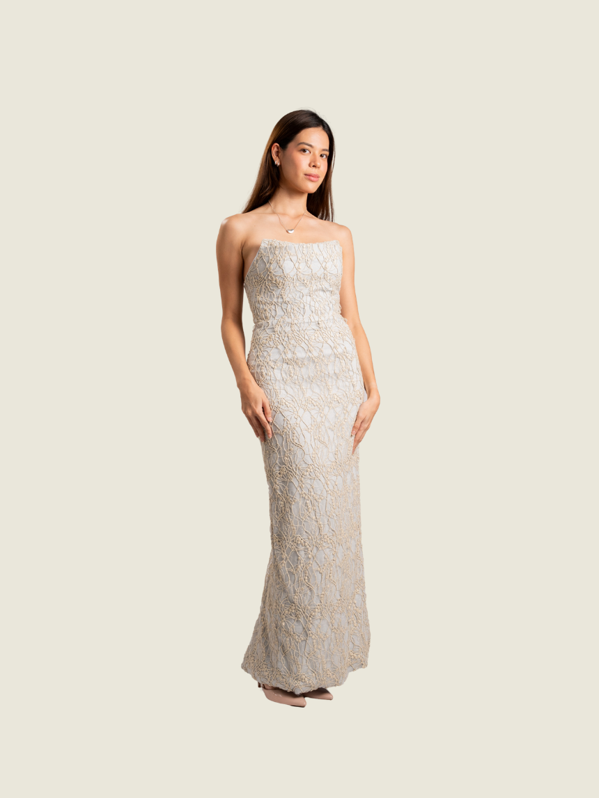 Glaiza Go Blue Embroidered Corset Maxi Dress