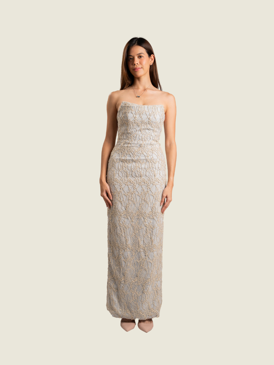 Glaiza Go Blue Embroidered Corset Maxi Dress