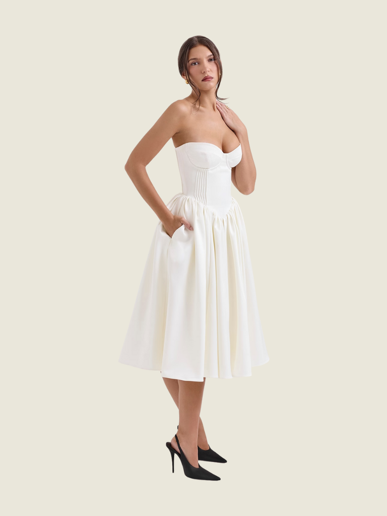 House of CB Ivory Coco Strapless Corset Midi Dress
