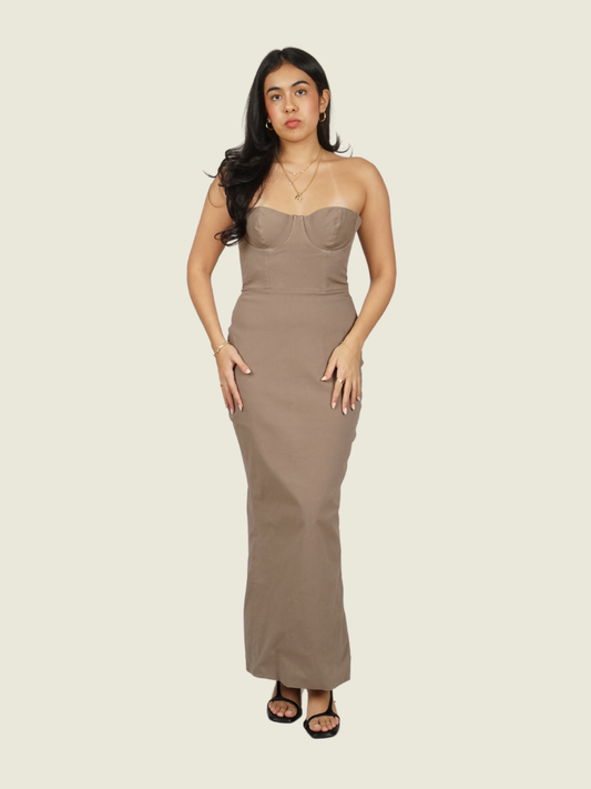 House of CB Lucia Taupe Strapless Corset Maxi Dress