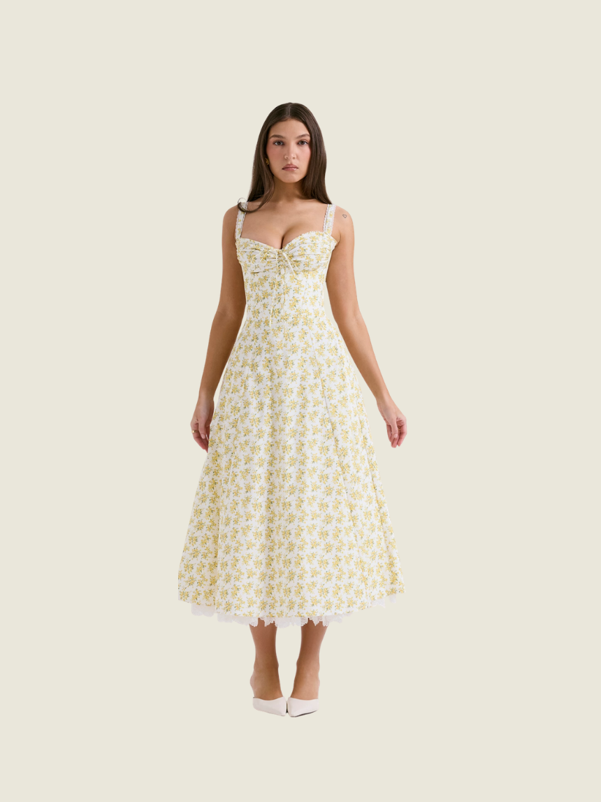 House of CB Rosalee White Vintage Floral Print Cotton Bustier Sundress