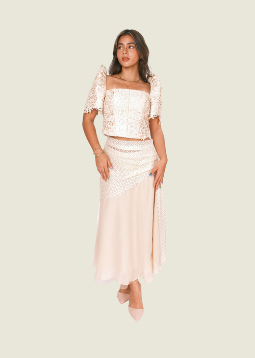 Ilaya Couture Filipinana beige pink lace two piece midi dress