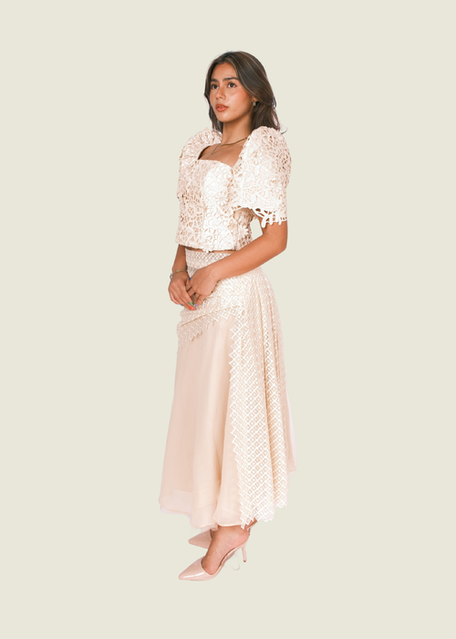 Ilaya Couture Filipinana beige pink lace two piece midi dress hover image
