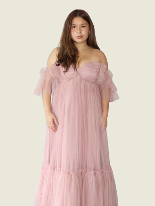 Kc Aquino Custom Shirred Off Shoulder Tulle Gown