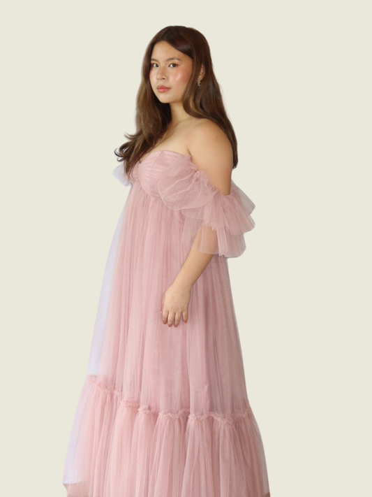 Kc Aquino Custom Shirred Off Shoulder Tulle Gown