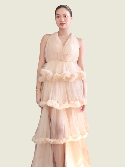 Kimble Custom Beige Tulle Chiffon Gown