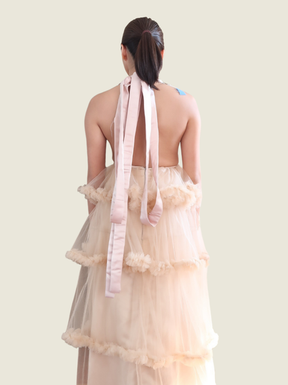 Kimble Custom Beige Tulle Chiffon Gown