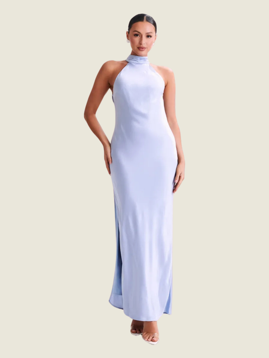 Meshki Claire Satin Drape Backless Maxi Dress