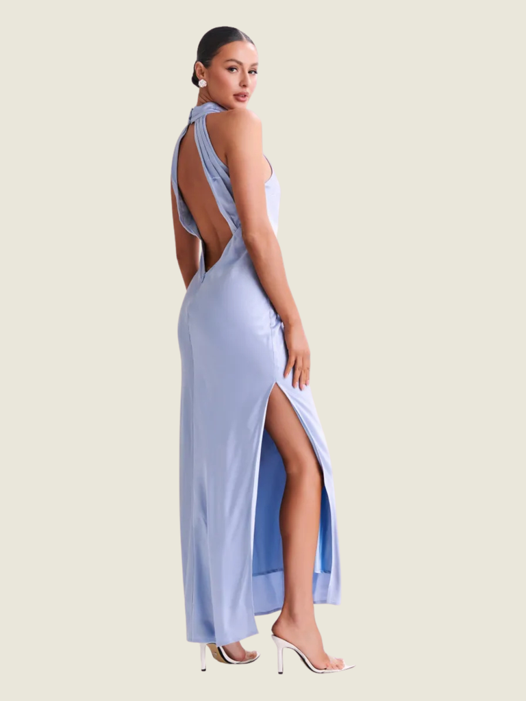 Meshki Claire Satin Drape Backless Maxi Dress