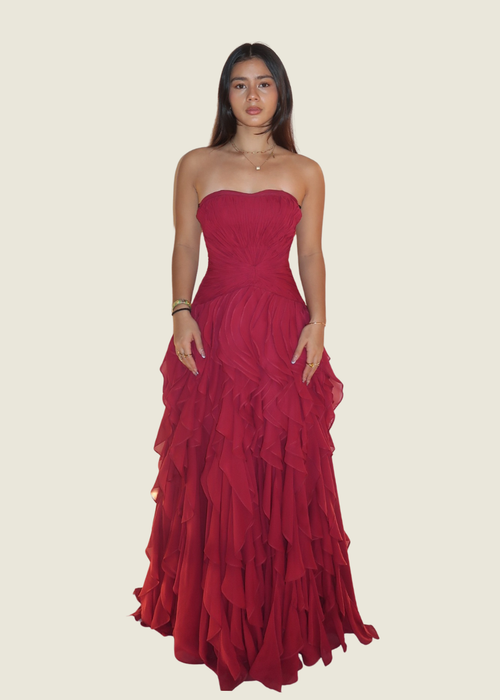 Mia Urquico Custom Burgundy Ruffle Gown