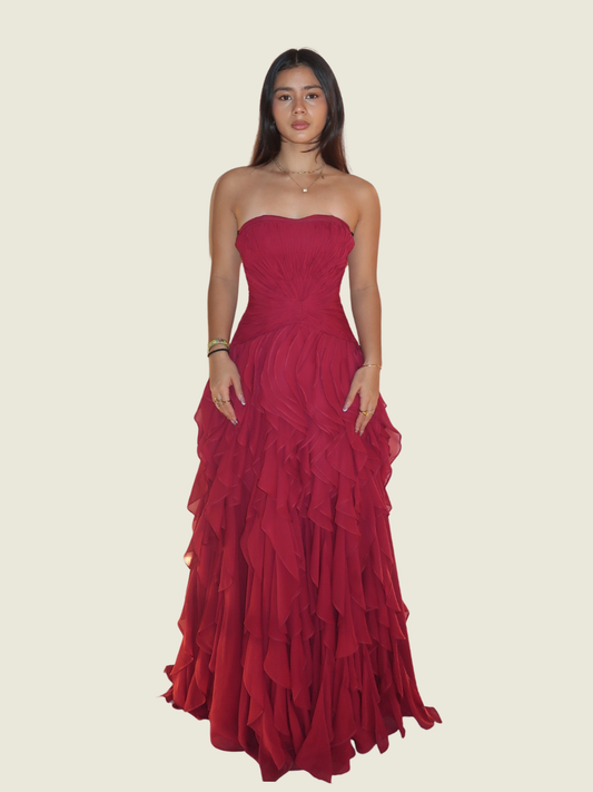 Mia Urquico Custom Burgundy Ruffle Gown