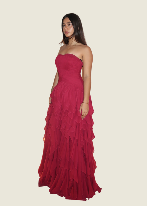 Mia Urquico Custom Burgundy Ruffle Gown hover image