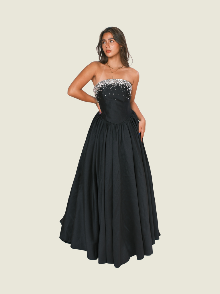 Micah Lacap Black Beaded Maxi Gown