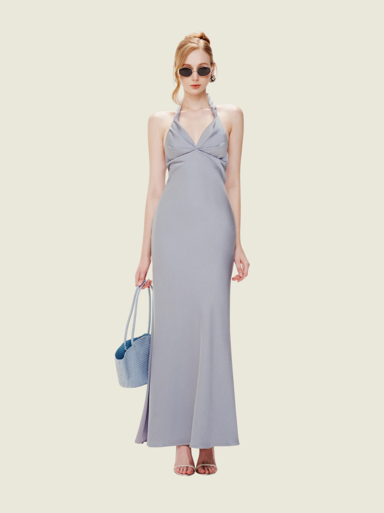 Mollynista Blue Twist Neck Silk Midi Dress