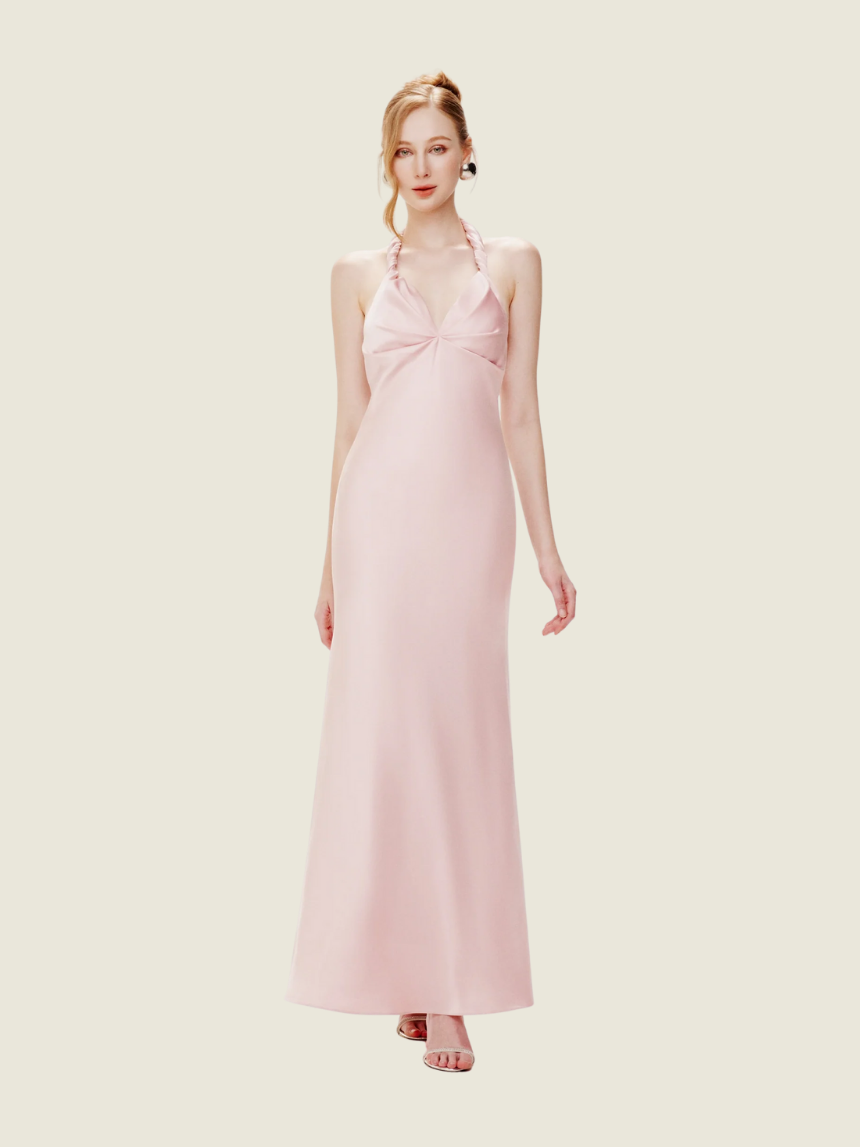 Mollynista Pink Twist Neck Silk Midi Dress