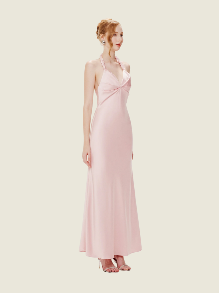 Mollynista Pink Twist Neck Silk Midi Dress