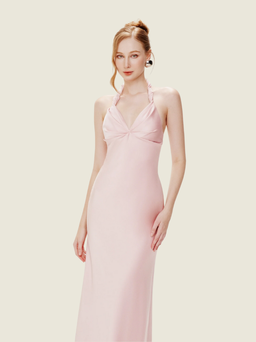 Mollynista Pink Twist Neck Silk Midi Dress