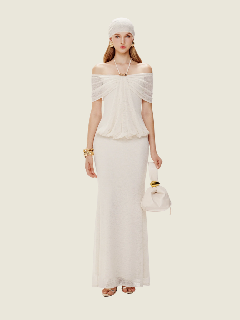 Mollynista White Stretch Mesh Off Shoulder Midi Dress