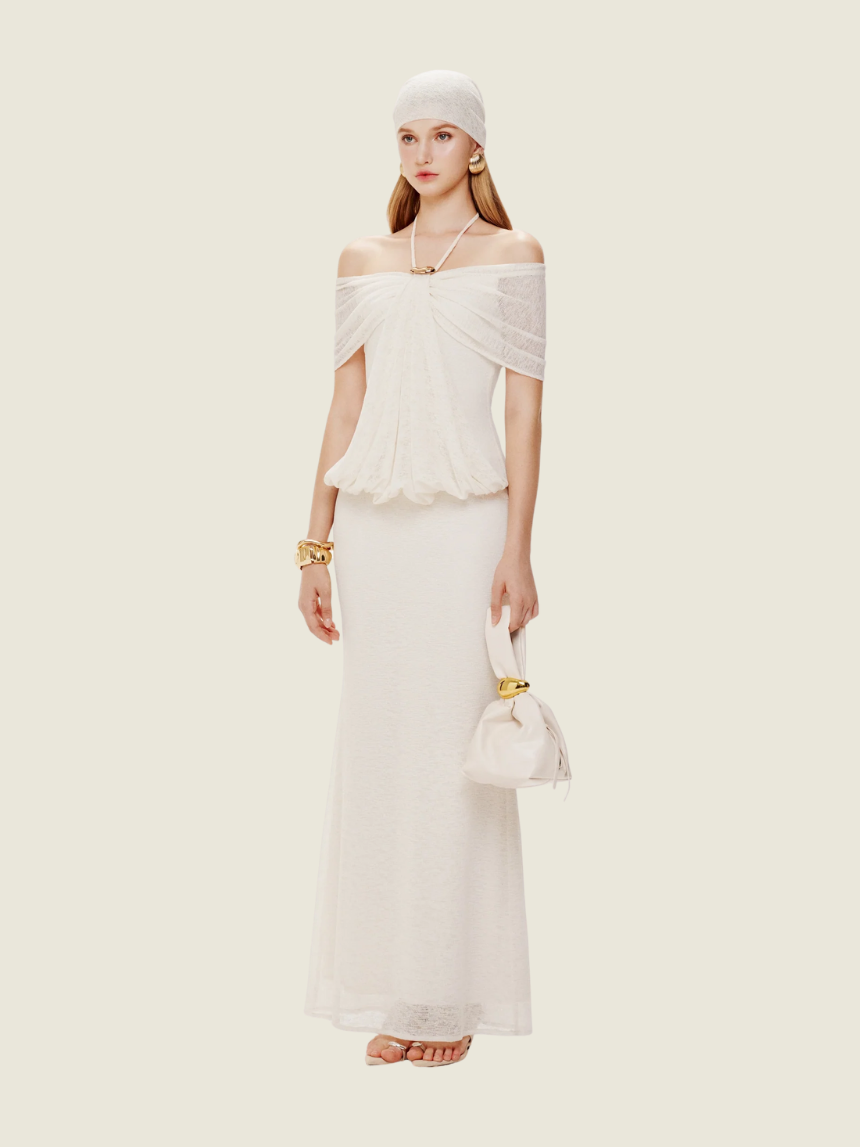 Mollynista White Stretch Mesh Off Shoulder Midi Dress