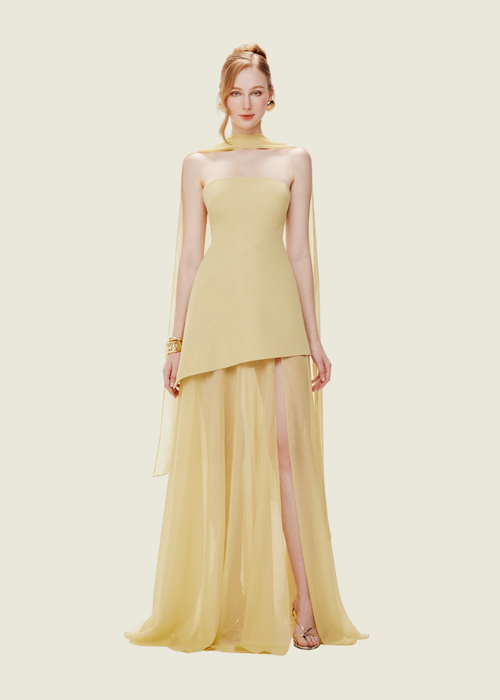 Mollynista Yellow Strapless Organza Train Dress (M)