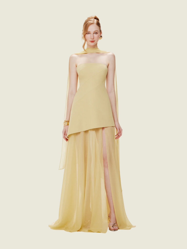 Mollynista Yellow Strapless Organza Train Dres