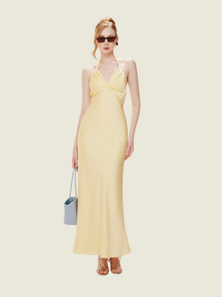 Mollynista Yellow Twist Neck Silk Midi Dress