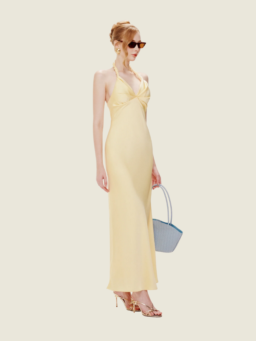 Mollynista Yellow Twist Neck Silk Midi Dress