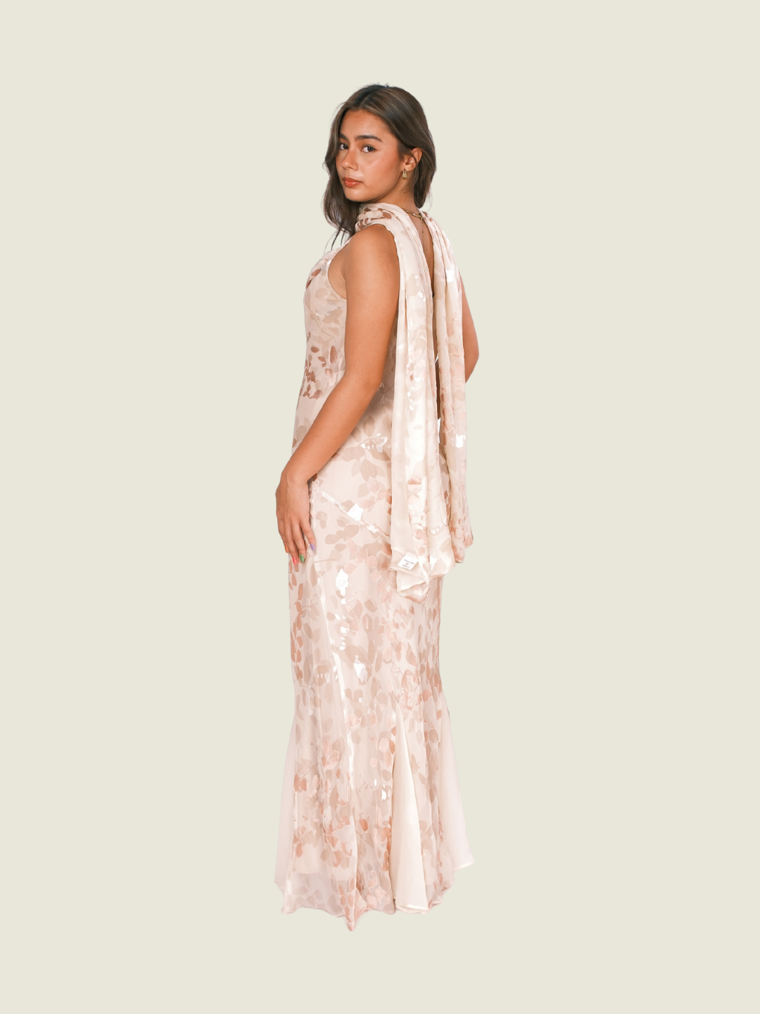Monsoon Cowl Silk Bias Cut Maxi Dress in Cream and Ivory with Scarf