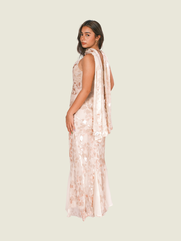 Monsoon Cowl Silk Bias Cut Maxi Dress in Cream and Ivory with Scarf