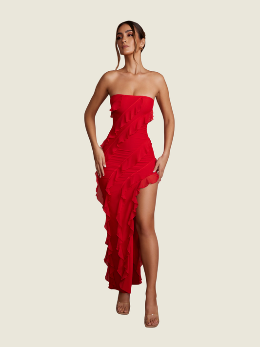 Oh Polly Nevali Bandeau Ruffle Maxi Dress