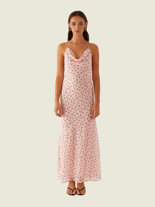 Peppermayo Alianna Cowl Neck Mesh Maxi Dress