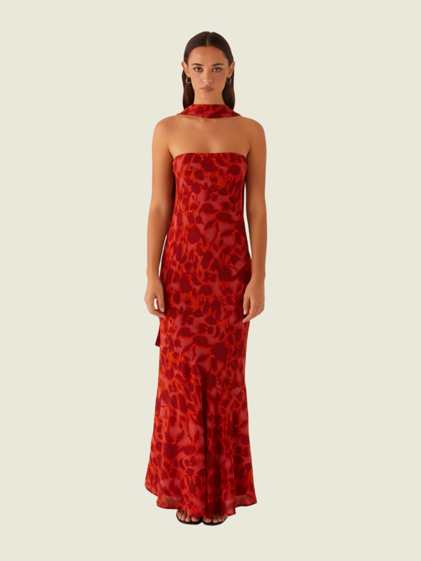 Peppermayo Under the Pagoda Maxi Dress in Deep Red Floral (S)