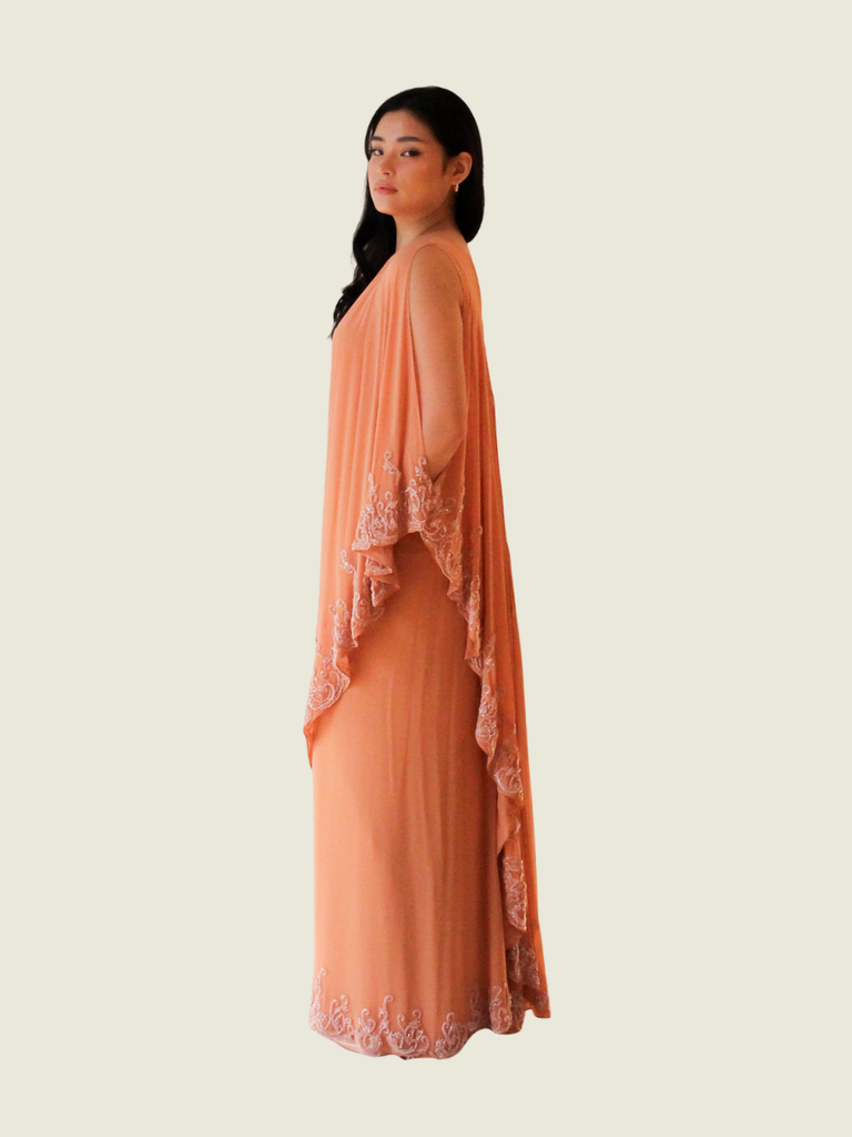 Rajo Laurel Orange One Shoulder Gown with Lace Detailing