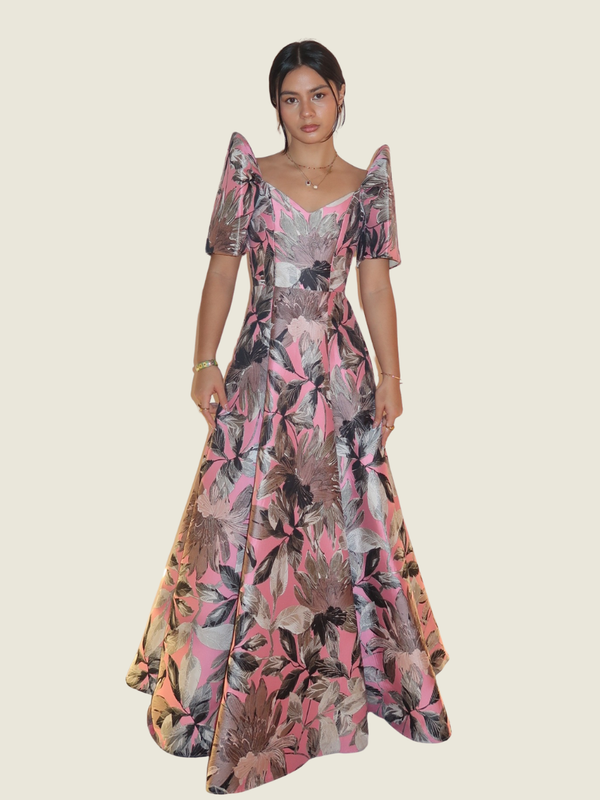 Rhett Eala Pink and Silver Abstract Filipiniana Gown