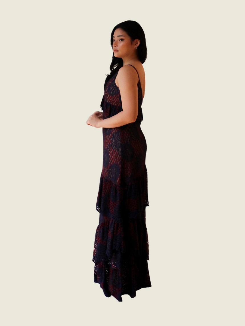 Rosanna Ocampo Blue and Red Lace Gown