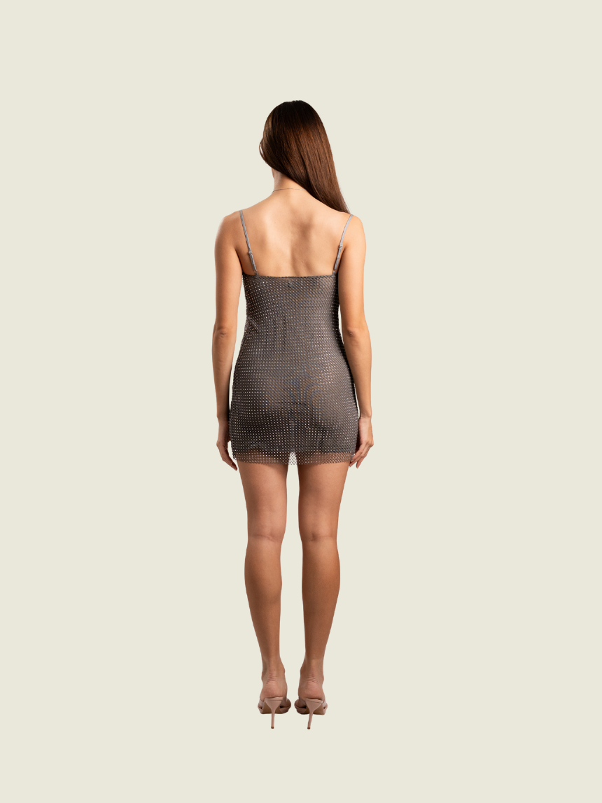 SLA the Label Grey Jay Dress Silver Mini Beaded Dress
