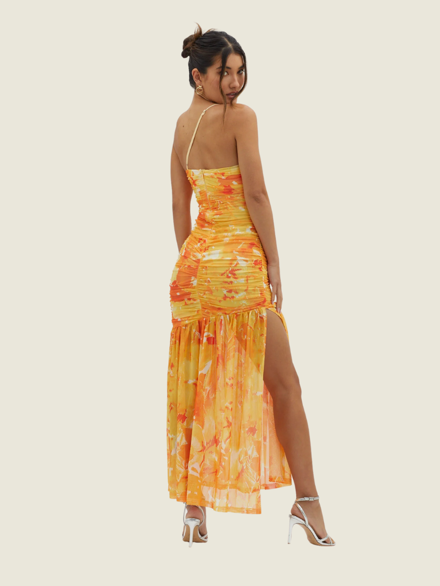 Saints & Secrets Golden Sun One-Shoulder Ruched Maxi Dress
