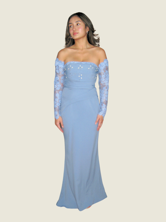 Sari Lazaro Blue Pleated Lace Gown with Lace Sleeves