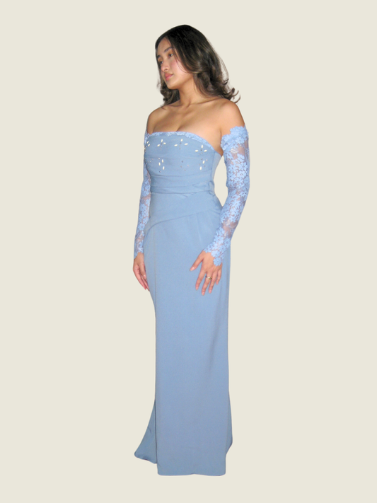 Sari Lazaro Blue Pleated Lace Gown with Lace Sleeves